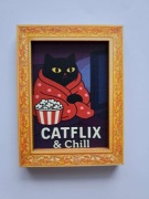 Drewniany Magnes na Lodówkę – Catflix & Chill – Idealny Plan na Wieczór