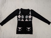 Czarny wełniany zapinany sweter w romby MQ ok. 36 38 wełna jagnięca angora