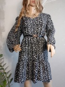 czarna krótka sukienka w kwiaty we wzory długi rękaw XL 42 bufiaste rękawy
