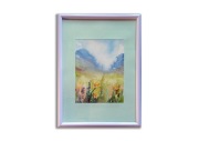 Akwarela ręcznie malowana, oprawiona. Góry, kwiaty. 