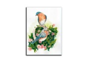 Akwarela oryginalna "Ptaki" rudzik kwiaty oprawiony