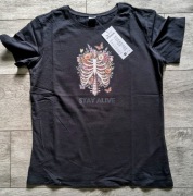 Koszulka Custom STAY ALIVE Szkielet Kwiaty Y2K Nowa Prezent M