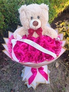 Bukiet róż ze wstążki 20 róż z misiem wieczne róże z światełkami led