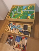 Drewniane tory,pociagi zabawki,stolik miasteczka szuflady, zestawy, plansze