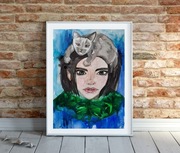 Akwarela oryginalna A3 "Dziewczyna z Kotem na Głowie", obraz malowany 