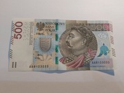 Banknot 500 zł. Seria AA. Stan bankowy. 