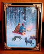 "MYŚLIWI PRZY OGNISKU"- OBRAZ OLEJNY NA PŁÓTNIE  48x38