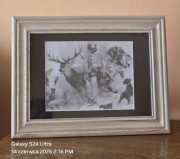 Grafika myśliwska OBRAZ JELEŃ Byk Polowanie na jelenie. Poroże. Rykowisko.