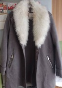 (40/L) RIVER ISLAND/ Szary płaszcz z futrzanym kołnierzem z Londynu 