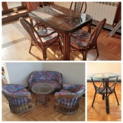 Meble rattanowe, stół, krzesła, kanapa, fotele, stoliki i narzuty.