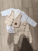 Modny BEŻOWY GARNITUR chłopięcy, elegancki ZESTAW krata kamizelka mucha 68