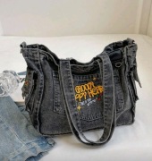 Torba jeansowa shopper ciemnoszara vintage Groovy Trippy Heart duża