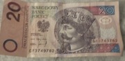 Banknot 20 zł o numerach GY3749782