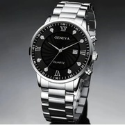 Srebrny zegarek męski na bransolecie czarna tarcza