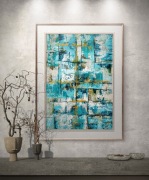 Obraz akrylowy abstrakcja turkus złoto 70x50 cm ręcznie malowany