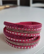 Bransoleta wielowarstwowa z cyrkoniami różowa fuksja na zatrzaski skóra PU