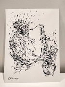 Oryginalny rysunek tuszem muzyk jazzman saksofonista