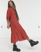 New Look Czerwona sukienka midi w kwiaty z falbanką rękawem XL 42 nowa