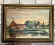 Stary kolorowy obraz olejny z zamkiem