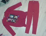 Zestaw bardzo ciepłe legginsy brokatowe jesień zima r.128 bluzka kot pies 