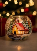Prezent  Ręcznie malowany świecznik szklany – Zimowa wioska. 10 cm