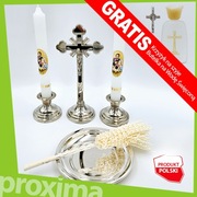 SREBRNY KOMPLET KOLĘDOWY Tradycyjny Krzyż Świeczniki Kropidło Miska Kolęda