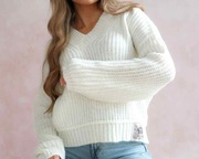 Sweter damski O'La Bianka oversize / dekolt V, naszywka z logo, uni