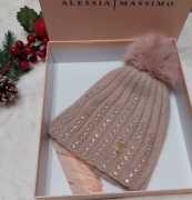 Elegancka czapka z pomponem damska Alessia Massimo kolor beż 