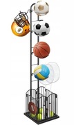 Stojak do przechowywania piłek 4-poziomowy z koszem, metalowy, nieużywany