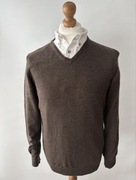 L Sweter 100% Wełna MERINO Czekoladowy Brąz V-neck Klasyka