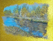 RZEKA JESIENIĄ akryl 30 X 24 cm złote płótno