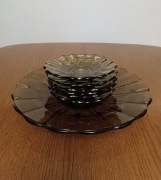 Komplet talerzy do ciasta, szkło 1+6 Hortensja ? Niemen ? Stare szkło 