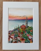 Obraz Nadmorskie Miasteczko pastele olejne passe partout 30x40 cm