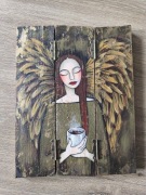 Anioł Stróż ręcznie malowany na starym drewnie, obraz na deskach