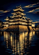 Japonia - złota noc nad Zamkiem Matsumoto - plakat retro 40x60cm