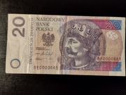 Banknot 20 złotych ciekawy numer z zerami BY0000665