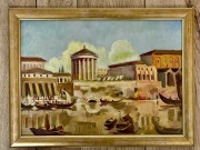 Obraz (Widok miasta na tle rzeki) malowany farbami olejnymi, sygnowany