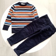 H&M Zestaw SZTRUKSY + SWETER 110/116 Wizytowy w paski Granatowe IDEAŁ