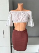 Bershka 36 S, crop top biały, 100% bawełna, krótki, z szerokimi rękawami