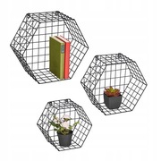 CZARNE PÓŁKI ŚCIENNE 3 SZT. METALOWE NOWOCZESNE SIATKA SZEŚCIOKĄT