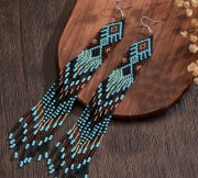 Kolczyki z koralików Bardzo Długie indiańskie BOHO chwosty czarne turkusowe