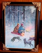 "MYŚLIWI PRZY OGNISKU"- OBRAZ OLEJNY NA PŁÓTNIE  44x34 