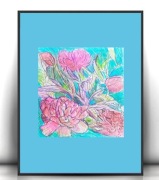 kwiaty obrazek 21x30, różowo niebieski rysunek a4, ogród plakat boho