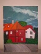 Duży Obraz 78x58 Czerwony Dom – Pejzaż Miejski, Ręcznie Malowany