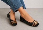 Baleriny Skórzane Pied à Terre r. 40 Czarne Eleganckie Złota Klamra