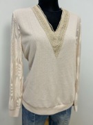 Beżowa bluzka boho koronka długi rękaw wiosenna do pracy L 40 42 lekka