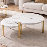 Sprzedam Zestaw Stolik Kawowy Okrągły 2w1 Loft Biały Marmur, Złote nogi