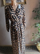 Sukienka długa na podszewce czarna/karmelowa wzór z paskiem