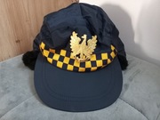 Czapka uszatka z daszkiem Straż Miejska zimowa granatowa nowa futerko