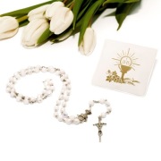 Różaniec KOMUNIJNY kryształ GRANAT BIAŁY BIEL metalizowany POLSKA PRODUKCJA